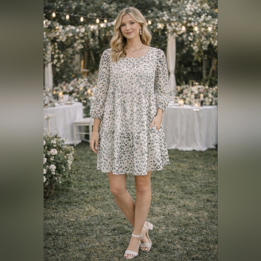 LOFT Gray and White Leopard Print Long Sleeve Tier Dress ~‎ Size Small